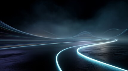 Futuristic Neon-Lit Curved Road With Turquoise Glow, Light Trails and Misty Purple-Navy Background