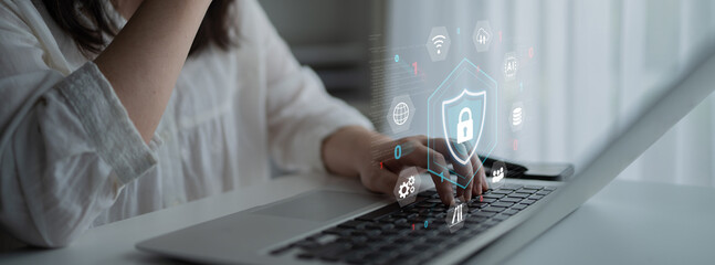Cybersecurity protection secures network, prevents threats, and strengthens digital data security...