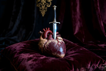 Realistic heart sculpture pierced by a sword on a velvet cushion, symbolizing love and sacrifice