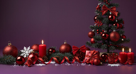 Christmas decorations with red ornaments and candles on purple background