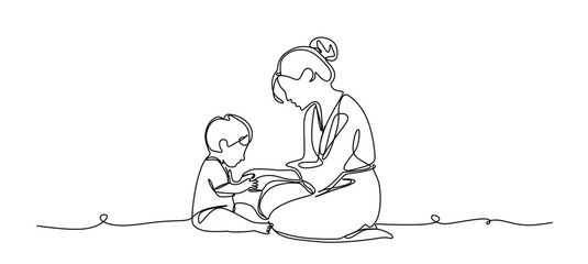 continuous single line drawing of happy parents having fun with their toddler, line art vector illustration
