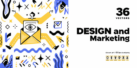 Abstract design elements with eye illustration email icon and marketing text