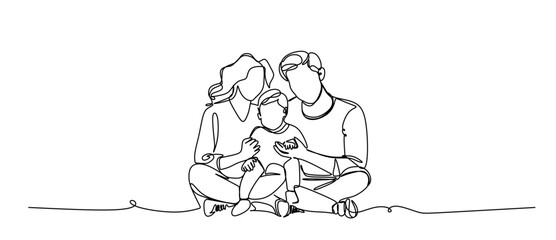 continuous single line drawing of happy parents having fun with their toddler, line art vector illustration