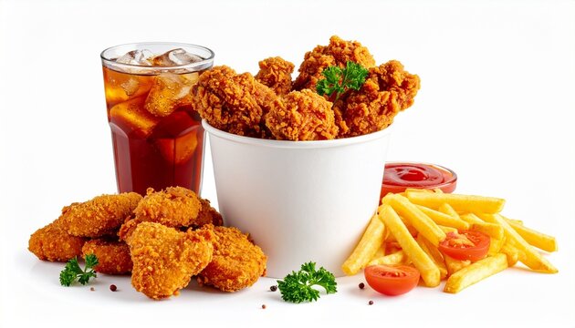 Fried chicken, fries, soda, and garnishes on fast food tray.