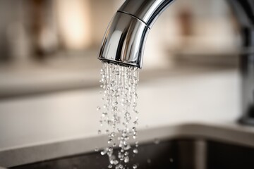 Chrome faucet water droplets in close-up above stainless sink and blurred background