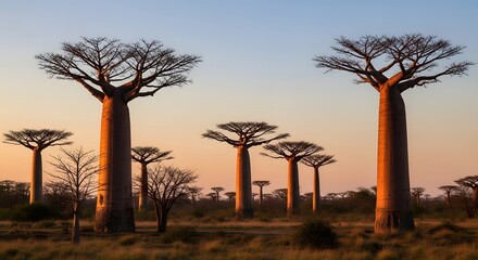 Fototapeta premium Baobab trees stand tall in a serene landscape at sunset with warm light casting long shadows across the dry terrain