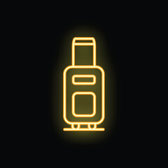 Fototapeta premium Bright yellow neon suitcase is glowing on a dark background, symbolizing travel, tourism, and adventure