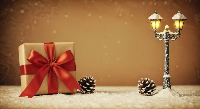 Gift box with red ribbon beside lantern and pinecones in snow - Powered by Adobe
