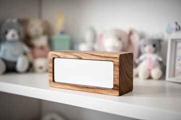 Wooden nameplate on nursery shelf with soft toys in blurred background