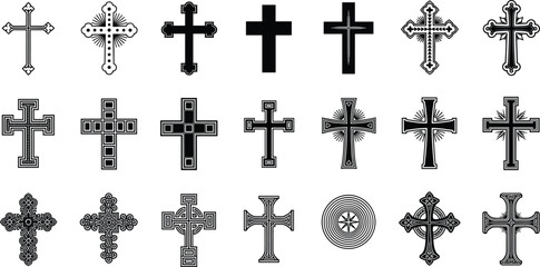 Christian Cross Symbols Set Collection Featuring Different Religious Cross Designs in Black and White Vector Style