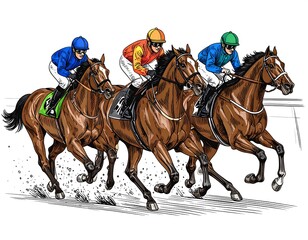 Three jockeys on brown horses in a race, illustrated on a white background, action shot