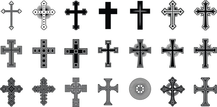 Christian Cross Symbols Set Collection Featuring Different Religious Cross Designs in Black and White Vector Style