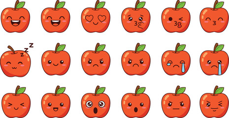 Cute Apple Emoji Face Expression Set Showing Funny Emotions and Cartoon Fruit Characters for Stickers and Kids Designs