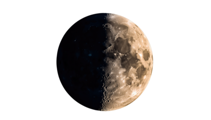 A 3D representation of the moon and earth in space features a blue globe with continents, ocean, and clouds against a black night sky