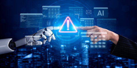 A human hand reaches out to a robotic hand, highlighting collaboration in technology with a warning sign, presenting a contrast of human and machine interaction in a digital landscape. Gantry