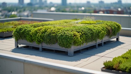 Large rooftop planter module with dense sedum ground-cover on urban terrace