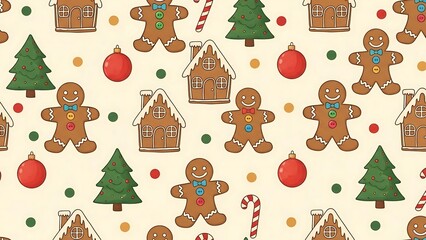 Festive Christmas Gingerbread Pattern - Houses, Trees, and Ornaments.