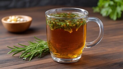 Fototapeta premium A clear mug of herbal tea with rosemary and green garnish on a wooden table