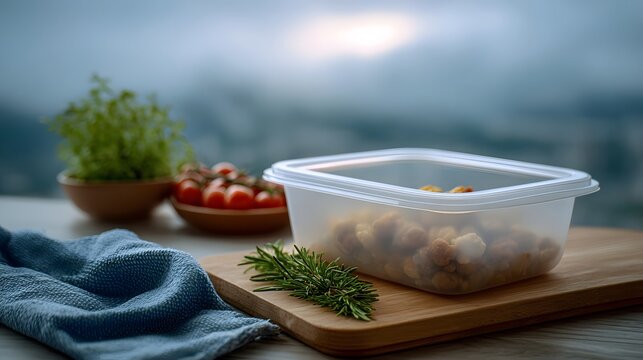 Fresh meal prepa n with roasted chickpeas herbs and tomatoes on a wooden board set against a scenic overcast outdoor backdrop