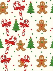 Festive Christmas Pattern with Gingerbread Men, Candy Canes, and Trees.