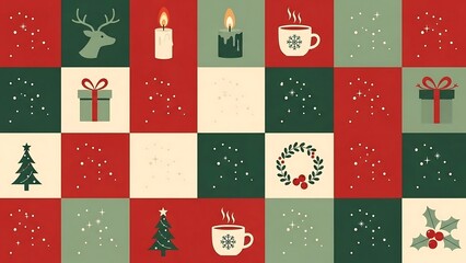 Festive Christmas Pattern with Holiday Icons in Red and Green.
