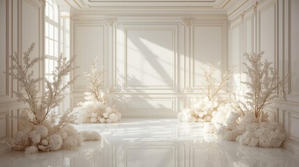 Elegant White Ballroom with Natural Light and Floral Decor.