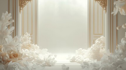 Elegant White Floral Archway with Soft Lighting.