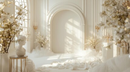 Elegant White Interior with Arched Doorway and Floral Decor.