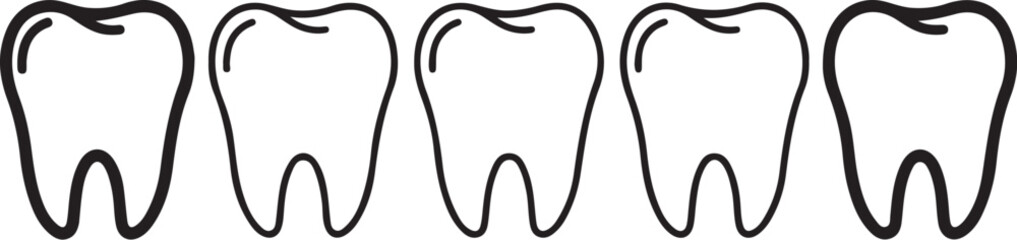 A horizontal row of five stylized tooth each with a distinct outline representing dental health and oral hygiene concepts also transparent background