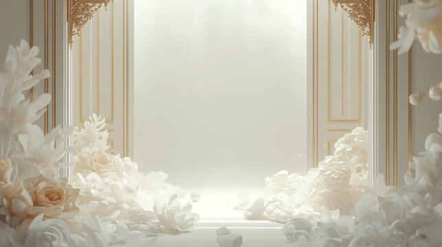 Elegant White Floral Archway with Soft Lighting.