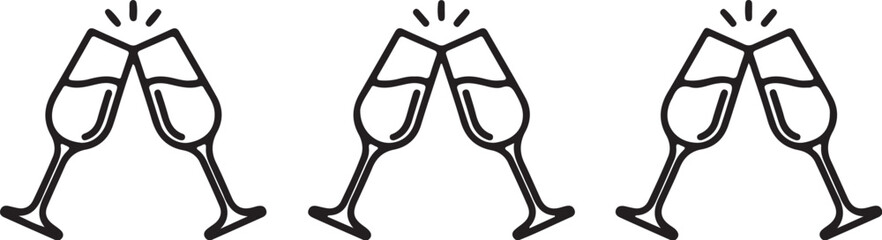 Three sets of clinking champagne glasses with bubbles rising in a celebratory toast, depicted in a simple black and white line style event invitations or party decorations also transparent background