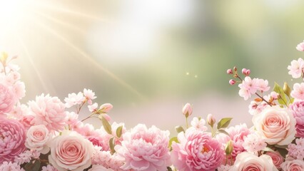 Soft Pink Roses and Peonies Blooming in Gentle Sunlight.