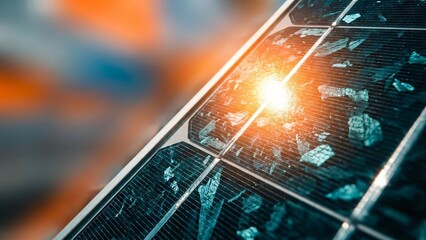 Close up of a solar panel with a bright sun flare reflecting off its surface showing textured cells