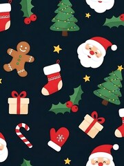 Festive Christmas Pattern with Santa, Tree, and Gingerbread Man.