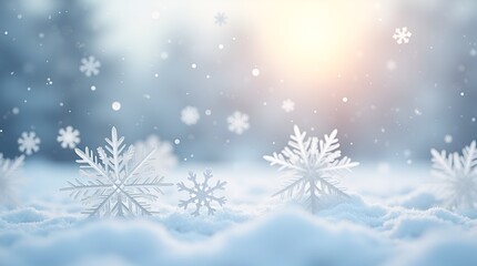 Naklejka premium New Year winter illustration showing intense snowflake fall, flat geometric snowflakes, shimmering crystal granules, minimal