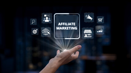 A hand reaches out to digital icons representing affiliate marketing concepts, showcasing online business strategies with an abstract and modern background. Synapse