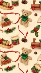 Festive Christmas Pattern with Toys and Decorations.