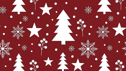 Festive Christmas Pattern with Trees, Stars, and Snowflakes on Red.