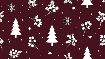 Festive Christmas Pattern with Trees, Berries, and Snowflakes.