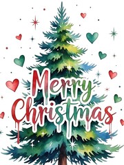 Festive Christmas Tree Watercolor Illustration with Heart Accents.
