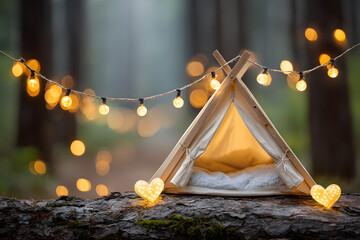 Valentine&rsquo;s Day Camping Concept with Warm Glowing Fairy Light Background