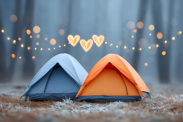 Valentine&rsquo;s Day Camping Concept with Warm Glowing Fairy Light Background