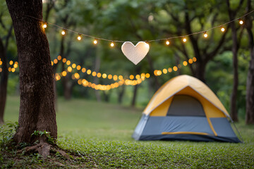 Valentine&rsquo;s Day Camping Concept with Warm Glowing Fairy Light Background