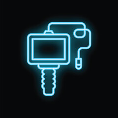Blue glowing neon icon of an action camera with a remote control, representing modern technology and adventure