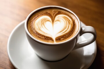 Heart-shaped latte art in a white cup on warm wood table for Valentine's Day