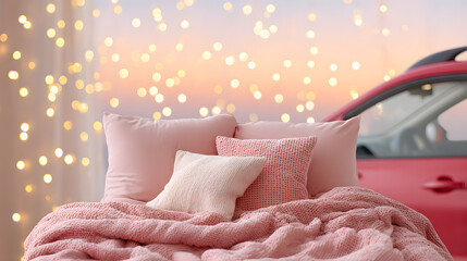 Valentine Car Camp at Night with Warm Glowing Fairy Light Background