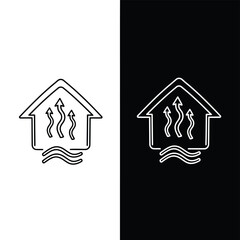 Outline of a house with arrows indicating airflow or energy flow, presented on black and white backgrounds