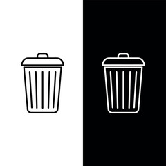 Simple line of a trash can presented side by side on contrasting white and black backgrounds representing different visual styles and applications