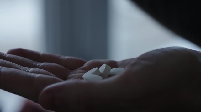 Close-up sequence of an open palm shifting from empty to filled with numerous small white tablets, emphasizing medication quantity and clinical mood in soft indoor light.