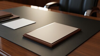Executive retirement plaque resting on a leather desk mat in a professional office